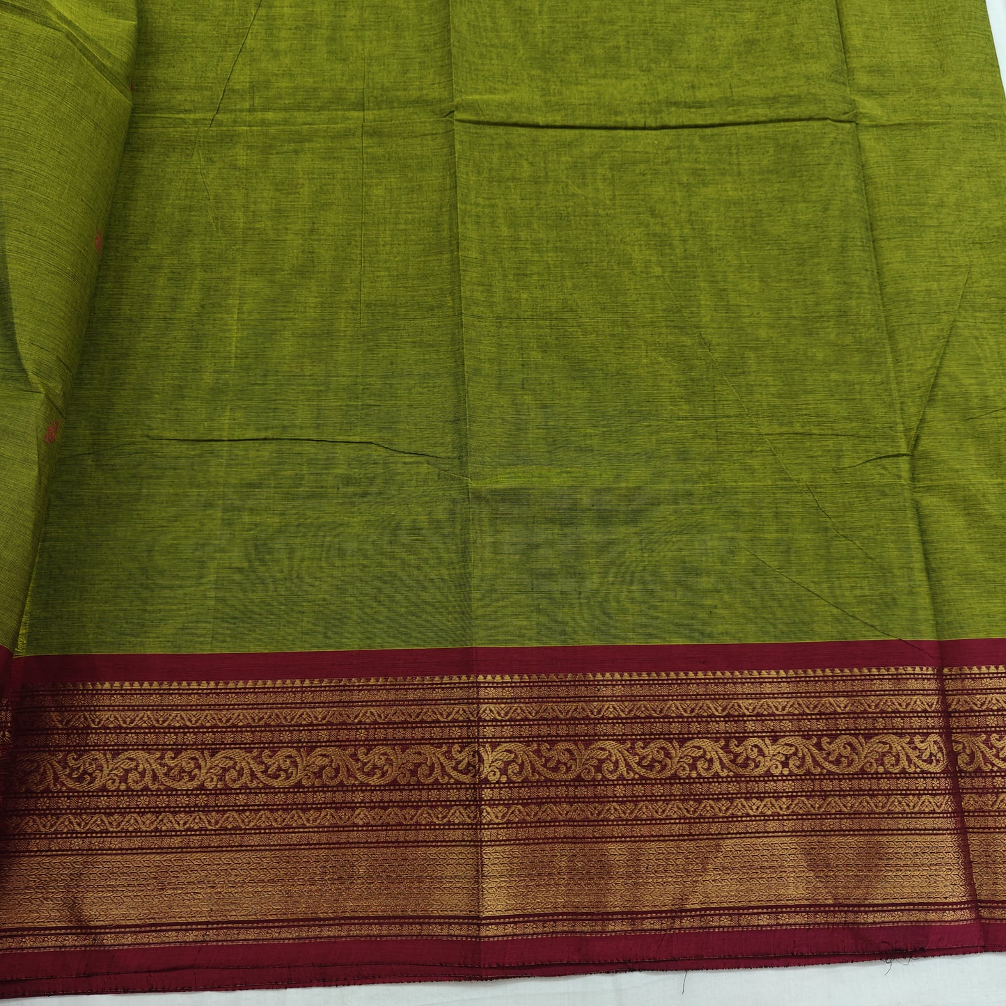 Kanchipuram Cotton Saree - Lite Green with Red Fancy Border Design