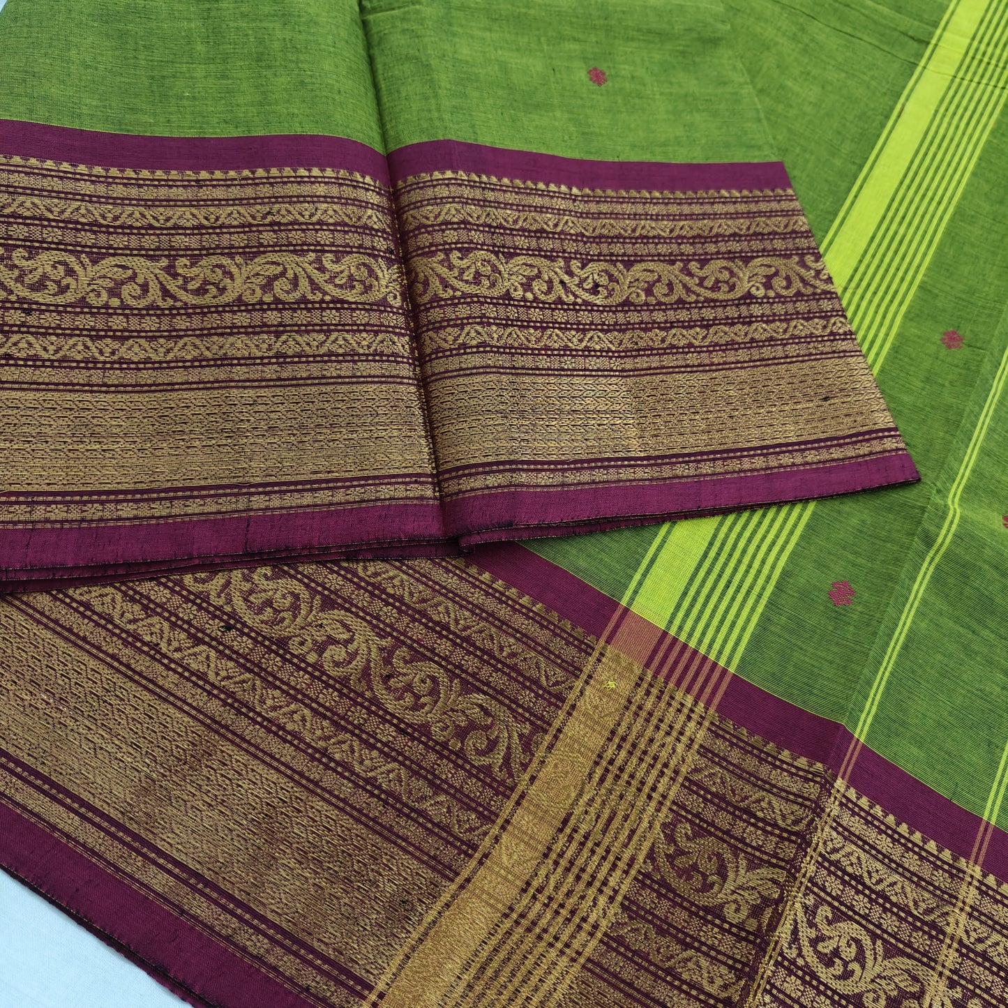 Kanchipuram Cotton Saree - Lite Green with Red Fancy Border Design
