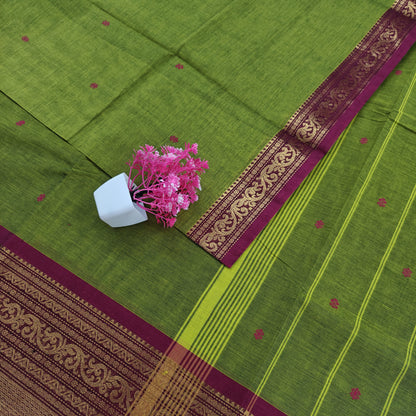 Kanchipuram Cotton Saree - Lite Green with Red Fancy Border Design