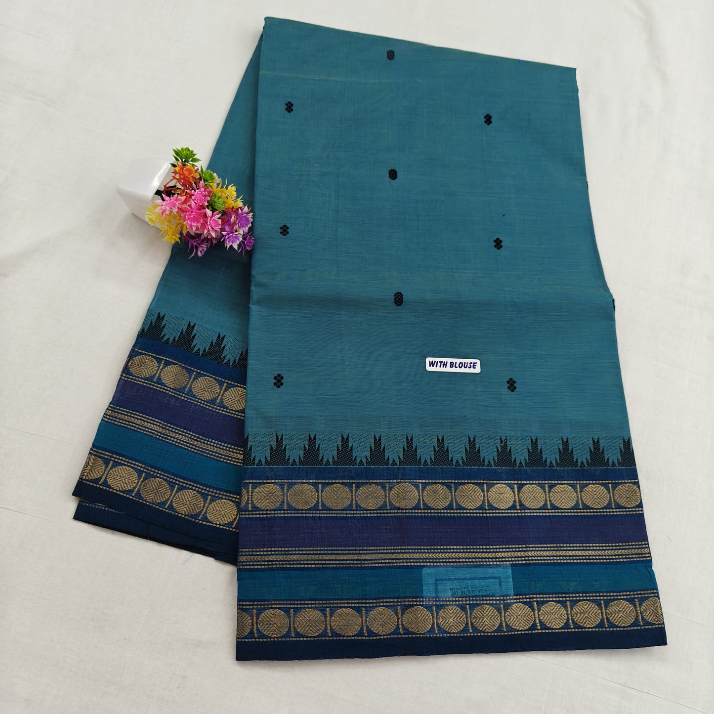 Kanchipuram Cotton Saree - Peacock Blue with Fancy Border Design