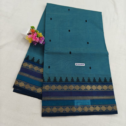 Kanchipuram Cotton Saree - Peacock Blue with Fancy Border Design