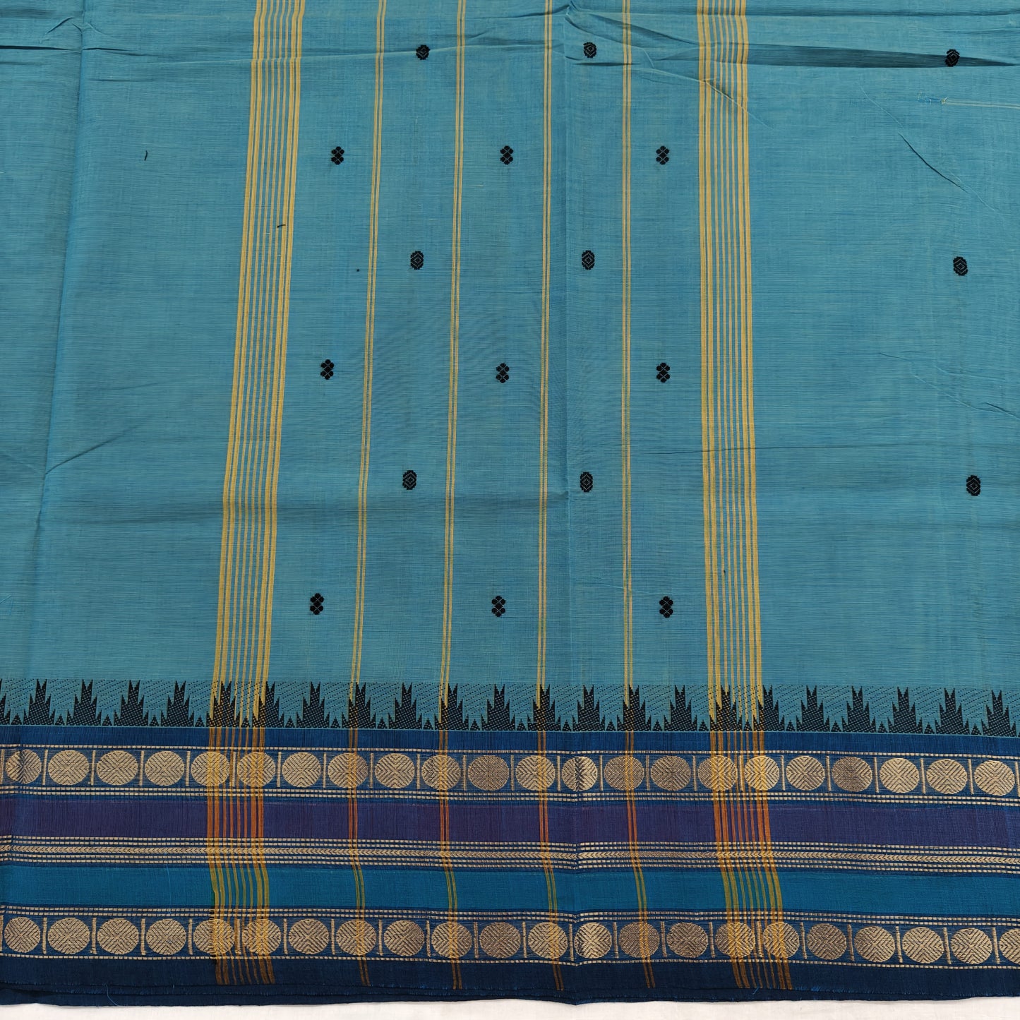 Kanchipuram Cotton Saree - Peacock Blue with Fancy Border Design