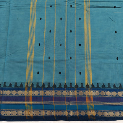 Kanchipuram Cotton Saree - Peacock Blue with Fancy Border Design