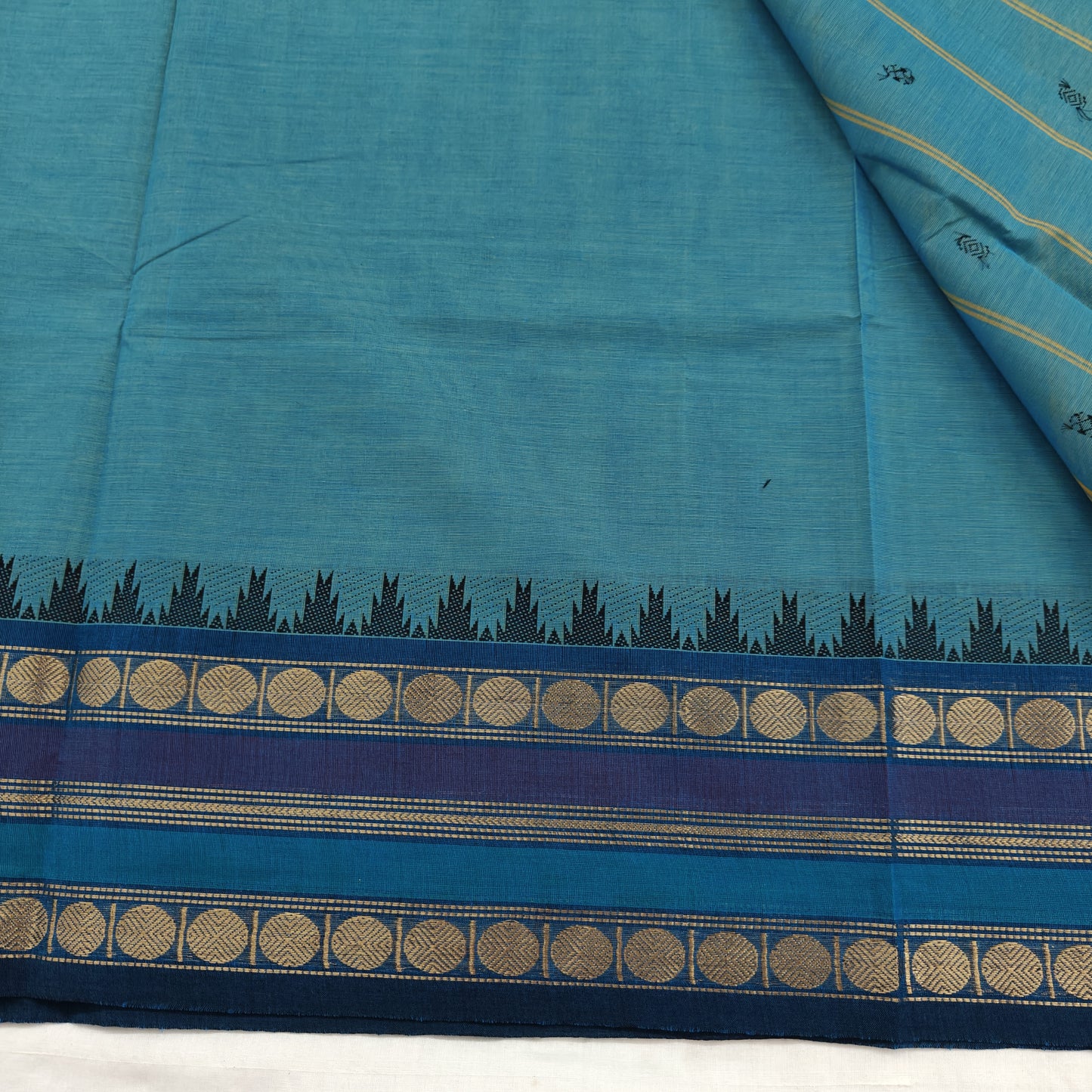 Kanchipuram Cotton Saree - Peacock Blue with Fancy Border Design