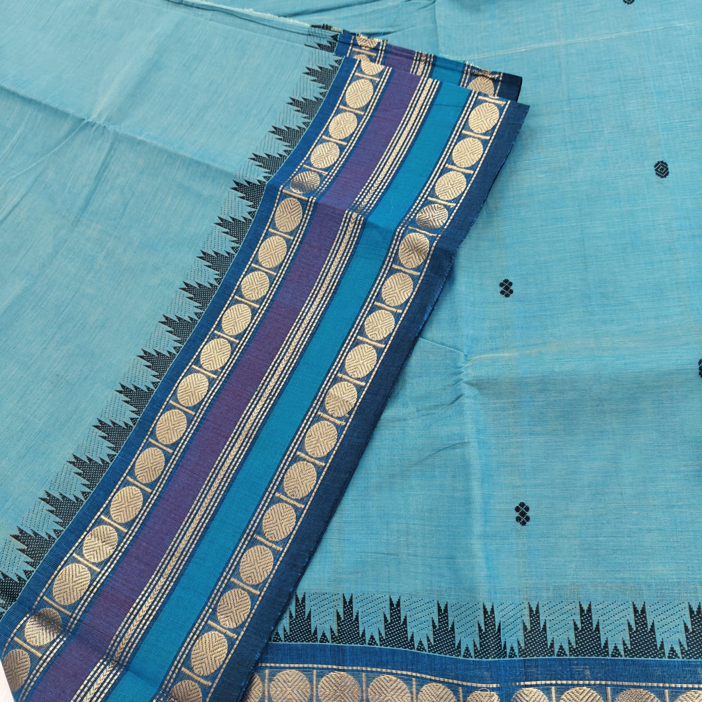 Kanchipuram Cotton Saree - Peacock Blue with Fancy Border Design