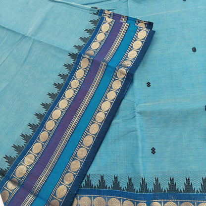 Kanchipuram Cotton Saree - Peacock Blue with Fancy Border Design
