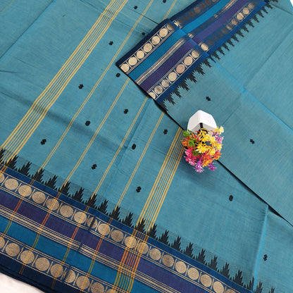 Kanchipuram Cotton Saree - Peacock Blue with Fancy Border Design