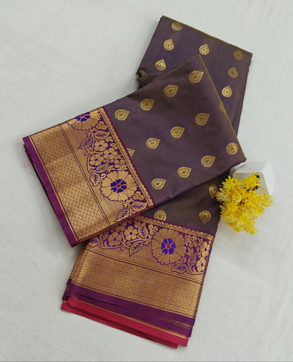 Kanchipuram Semi Silk Saree - Royal Purple with Big Border Traditional Design