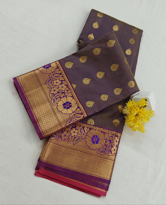 Kanchipuram Semi Silk Saree - Royal Purple with Big Border Traditional Design