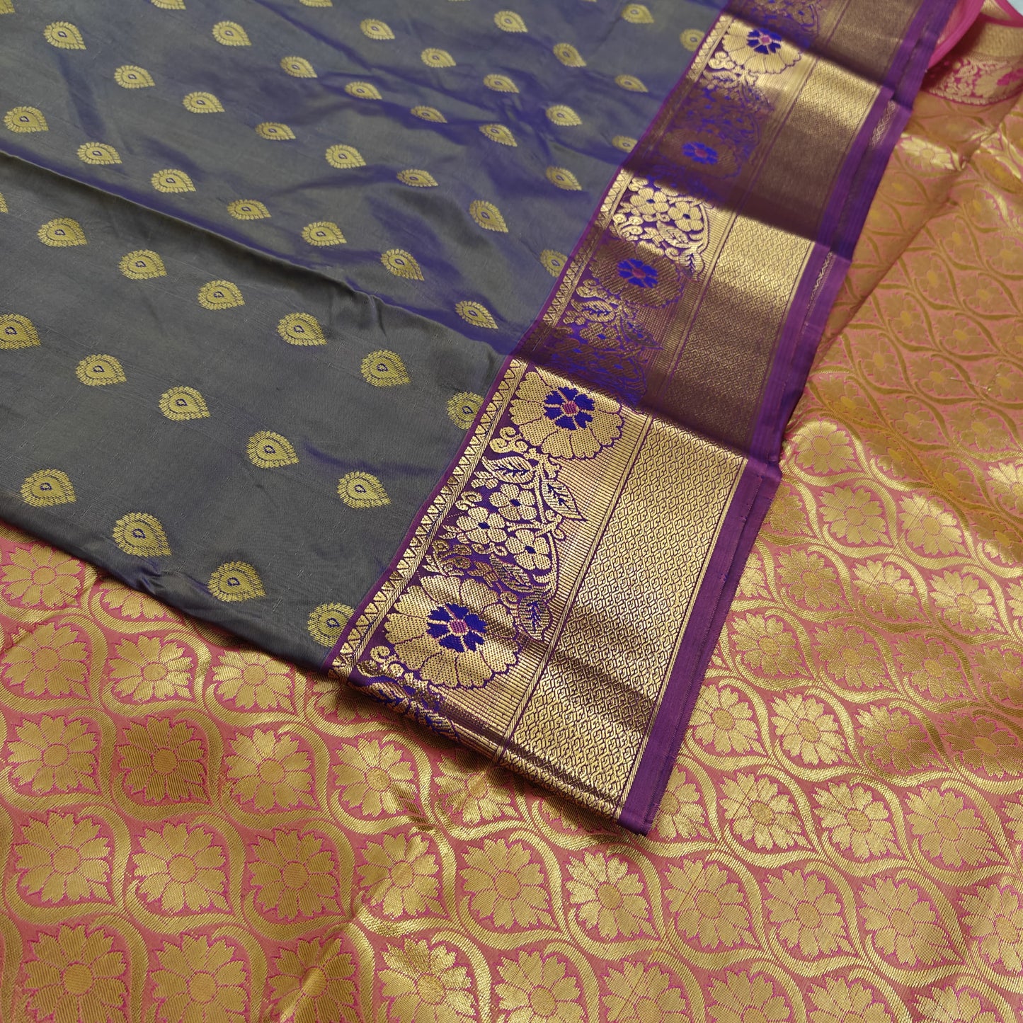 Kanchipuram Semi Silk Saree - Royal Purple with Big Border Traditional Design