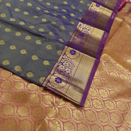 Kanchipuram Semi Silk Saree - Royal Purple with Big Border Traditional Design