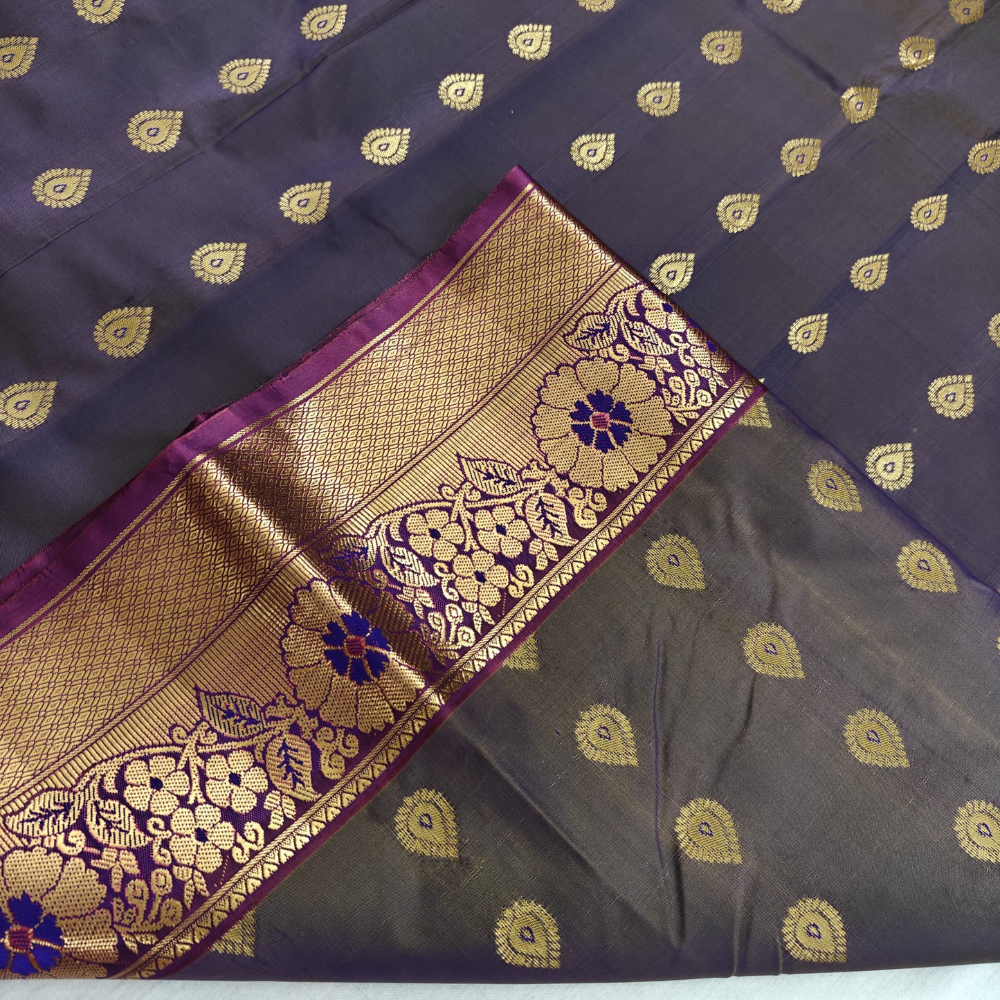 Kanchipuram Semi Silk Saree - Royal Purple with Big Border Traditional Design