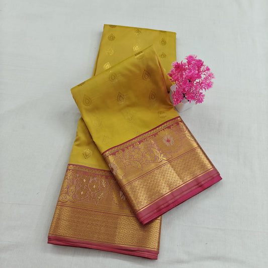 Kanchipuram Semi Silk Saree - Mustard Yellow with Pink Gold Border Design