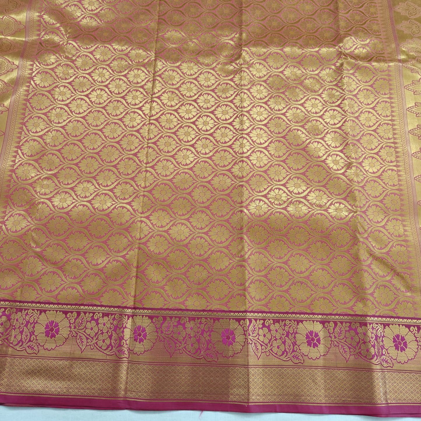 Kanchipuram Semi Silk Saree - Mustard Yellow with Pink Gold Border Design