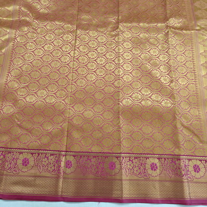 Kanchipuram Semi Silk Saree - Mustard Yellow with Pink Gold Border Design