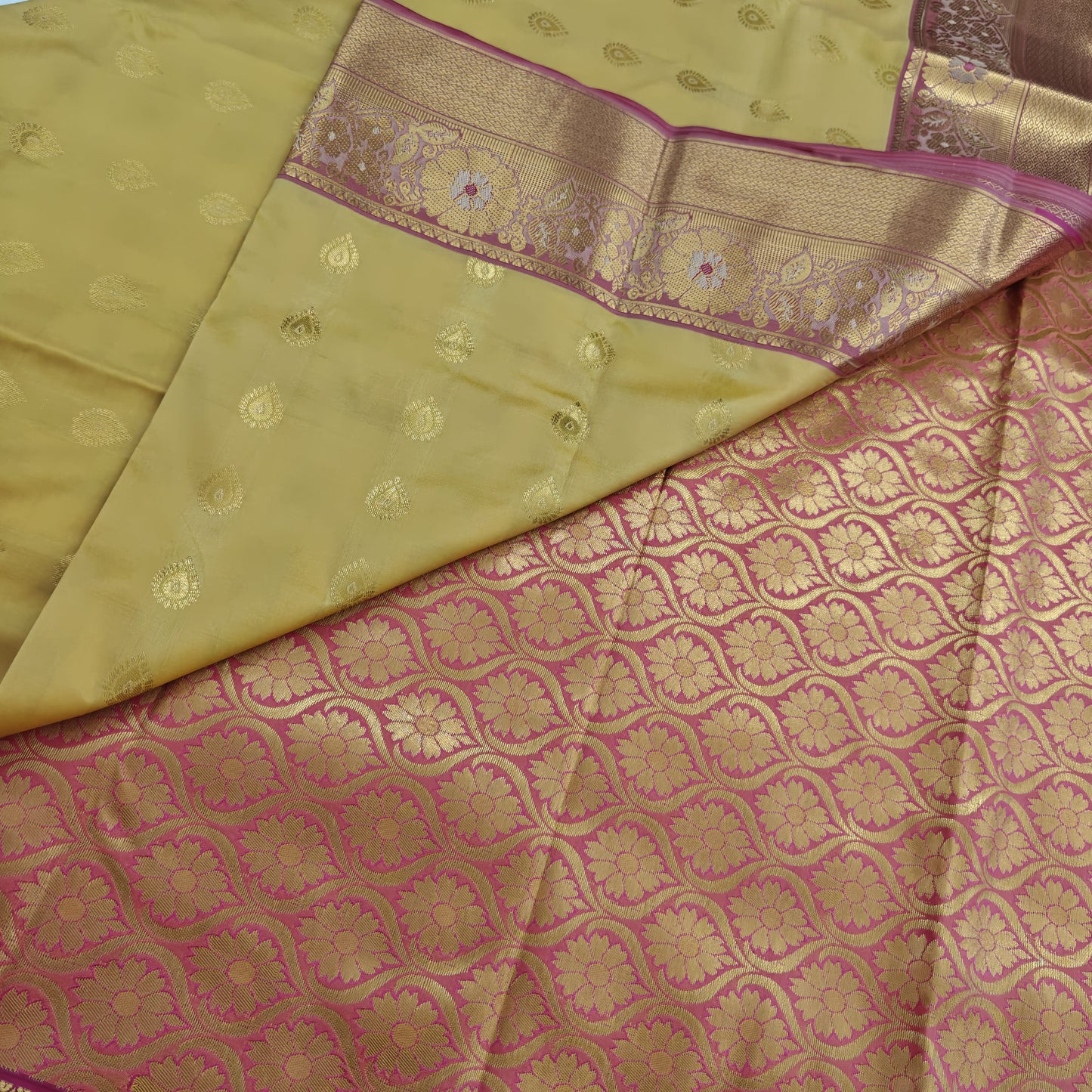 Kanchipuram Semi Silk Saree - Mustard Yellow with Pink Gold Border Design