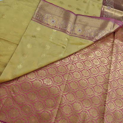 Kanchipuram Semi Silk Saree - Mustard Yellow with Pink Gold Border Design