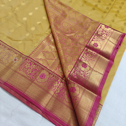 Kanchipuram Semi Silk Saree - Mustard Yellow with Pink Gold Border Design