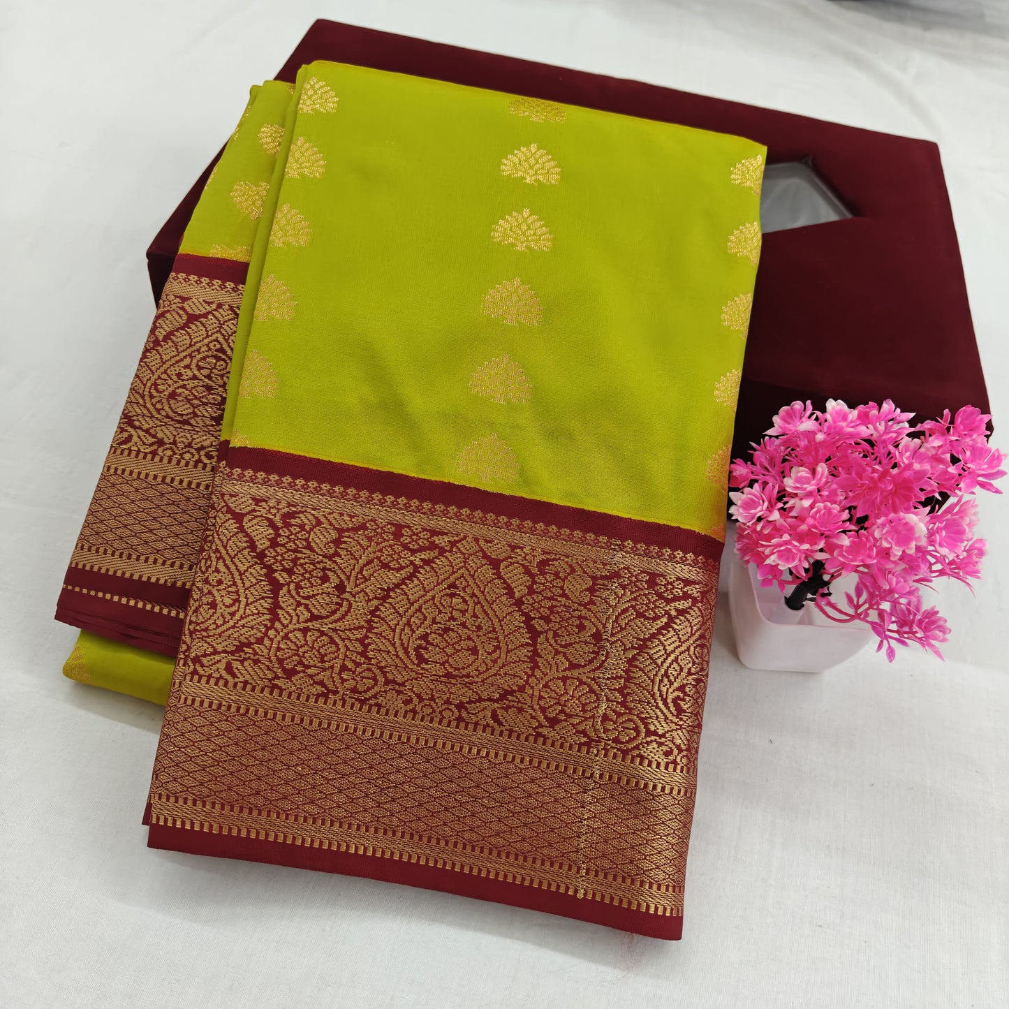 Kanchipuram Semi Silk Saree - Lite Green with Dark Maroon Big Border Design