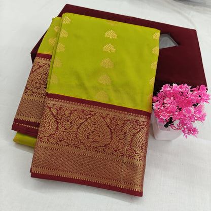Kanchipuram Semi Silk Saree - Lite Green with Dark Maroon Big Border Design