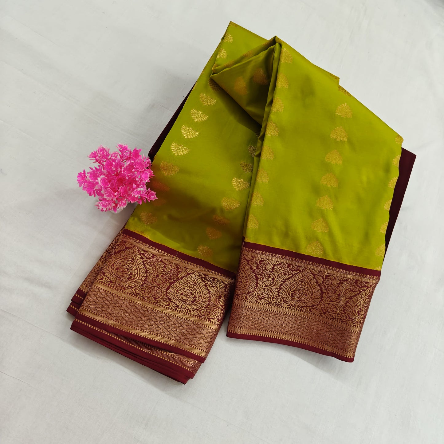 Kanchipuram Semi Silk Saree - Lite Green with Dark Maroon Big Border Design