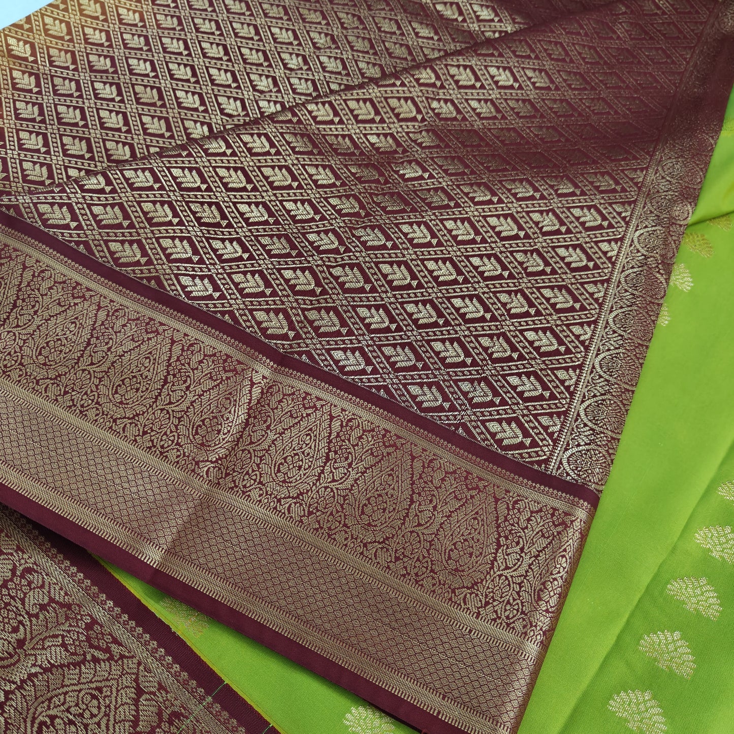 Kanchipuram Semi Silk Saree - Lite Green with Dark Maroon Big Border Design