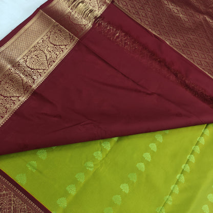 Kanchipuram Semi Silk Saree - Lite Green with Dark Maroon Big Border Design