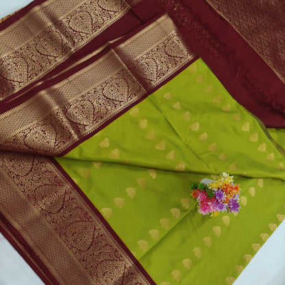 Kanchipuram Semi Silk Saree - Lite Green with Dark Maroon Big Border Design
