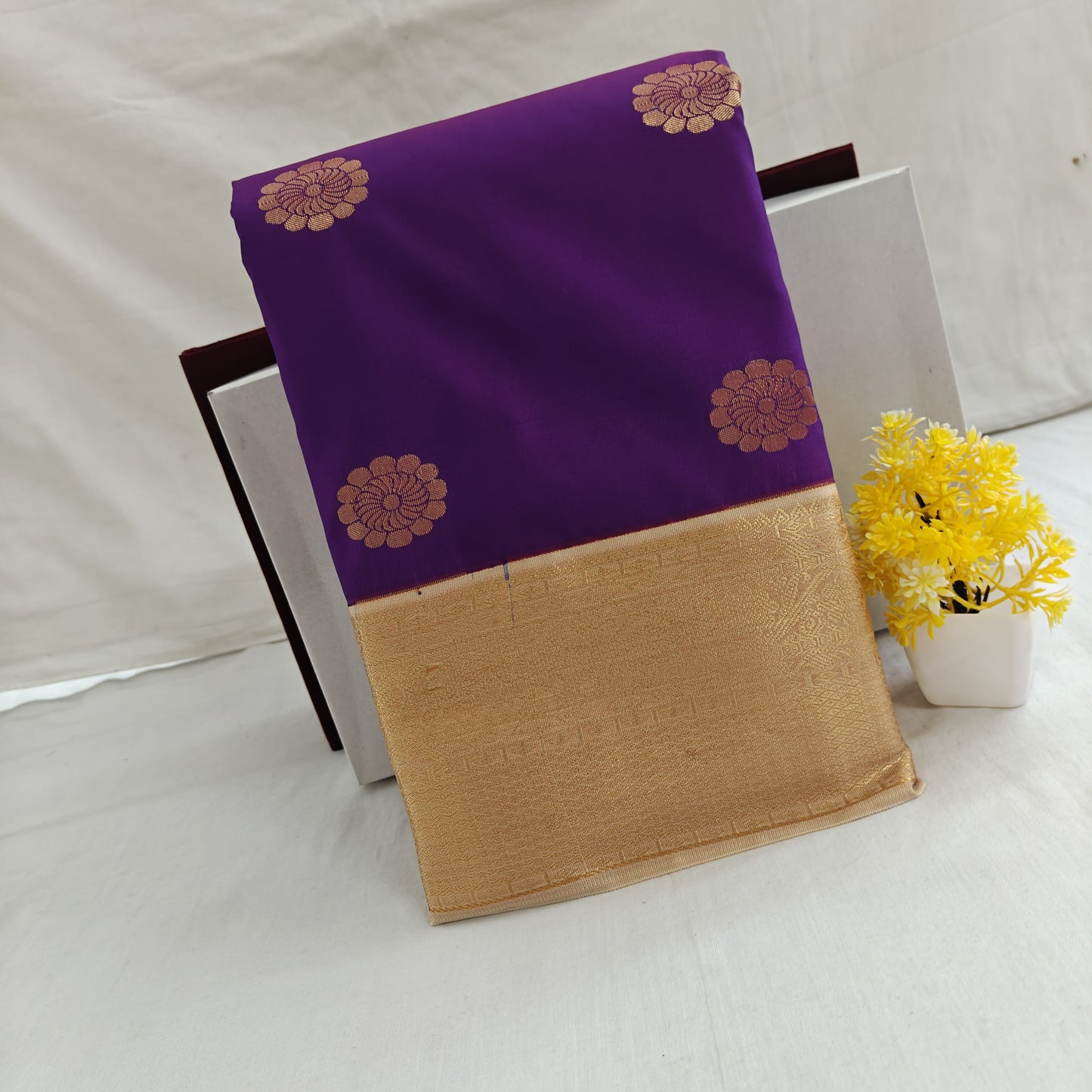 Kanchipuram semi silk saree - Purple with Gold Border Traditional Design