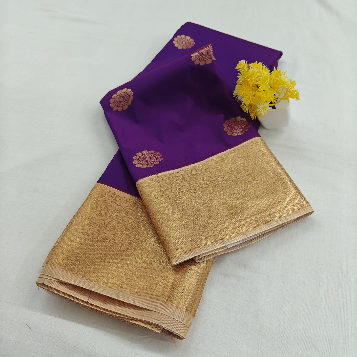 Kanchipuram semi silk saree - Purple with Gold Border Traditional Design