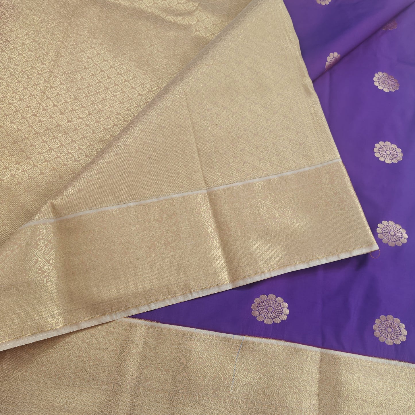 Kanchipuram semi silk saree - Purple with Gold Border Traditional Design