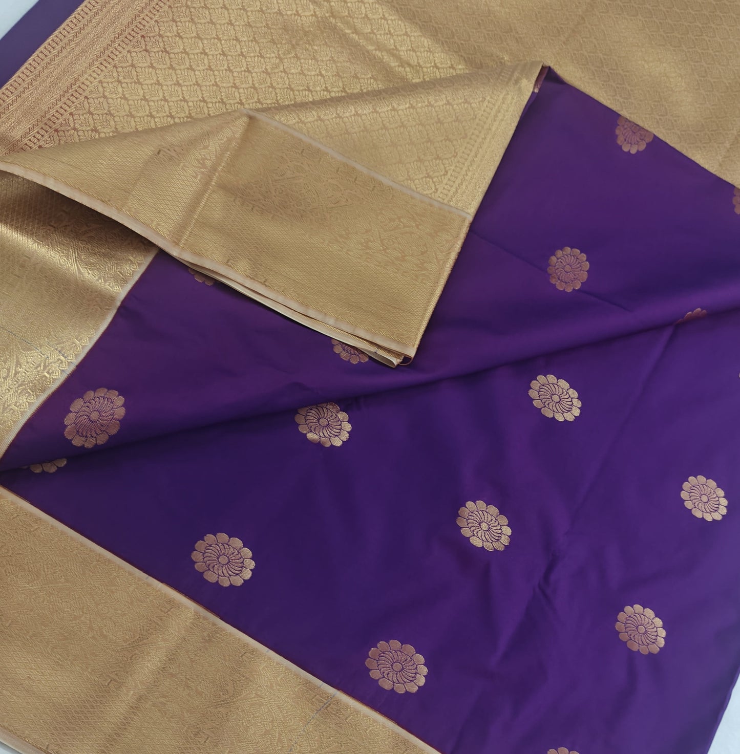 Kanchipuram semi silk saree - Purple with Gold Border Traditional Design
