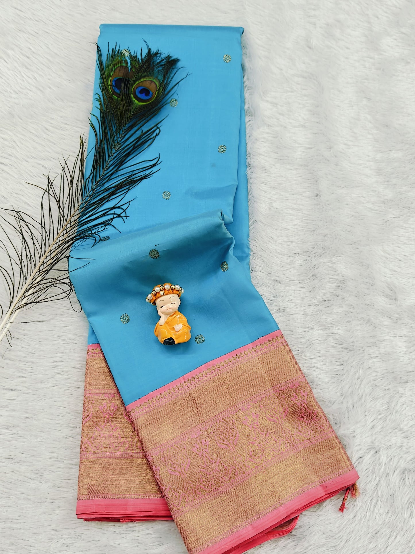 Sky blue Pure Handloom Saree with Pink Border