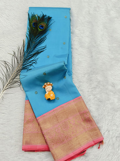 Sky blue Pure Handloom Saree with Pink Border