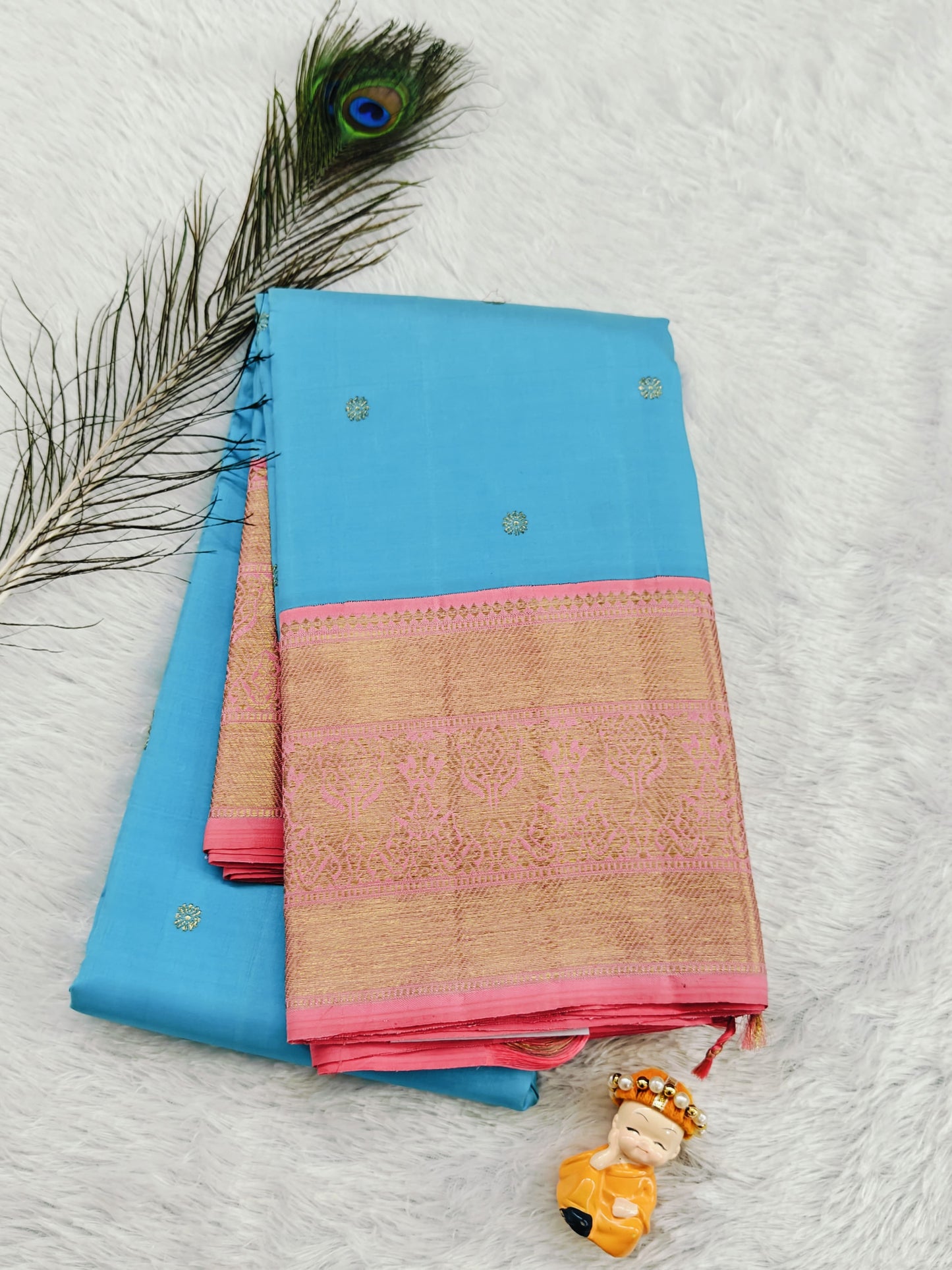 Sky blue Pure Handloom Saree with Pink Border