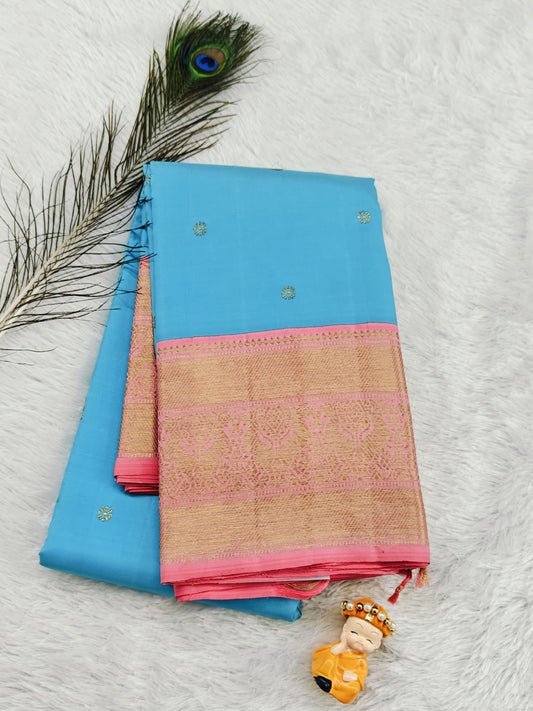 Sky blue Pure Handloom Saree with Pink Border