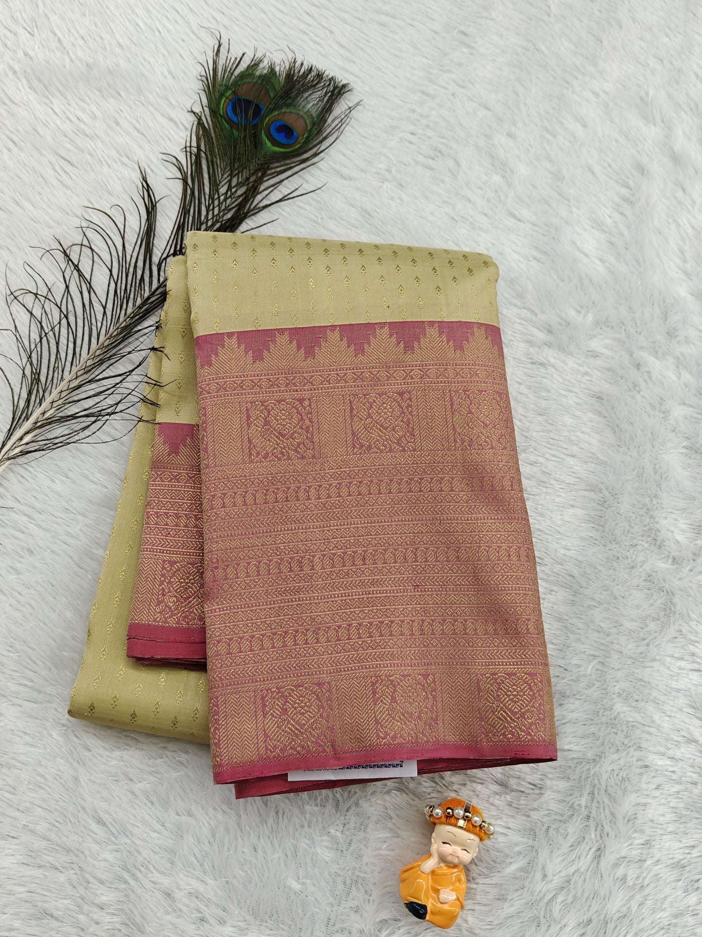Off-White Pure Silk Saree with Pink Border