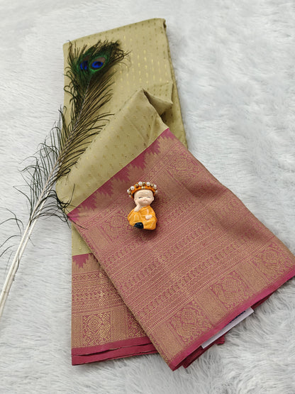 Off-White Pure Silk Saree with Pink Border