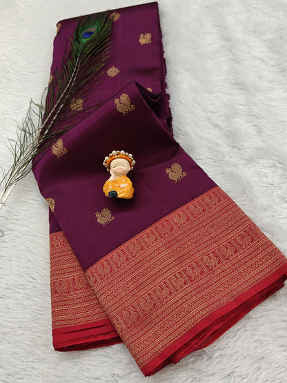 Wine Pure Handloom Silk Saree with Red Border