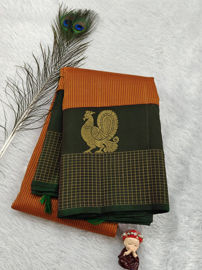 Mustard Pure Silk Saree With Dark Green Border