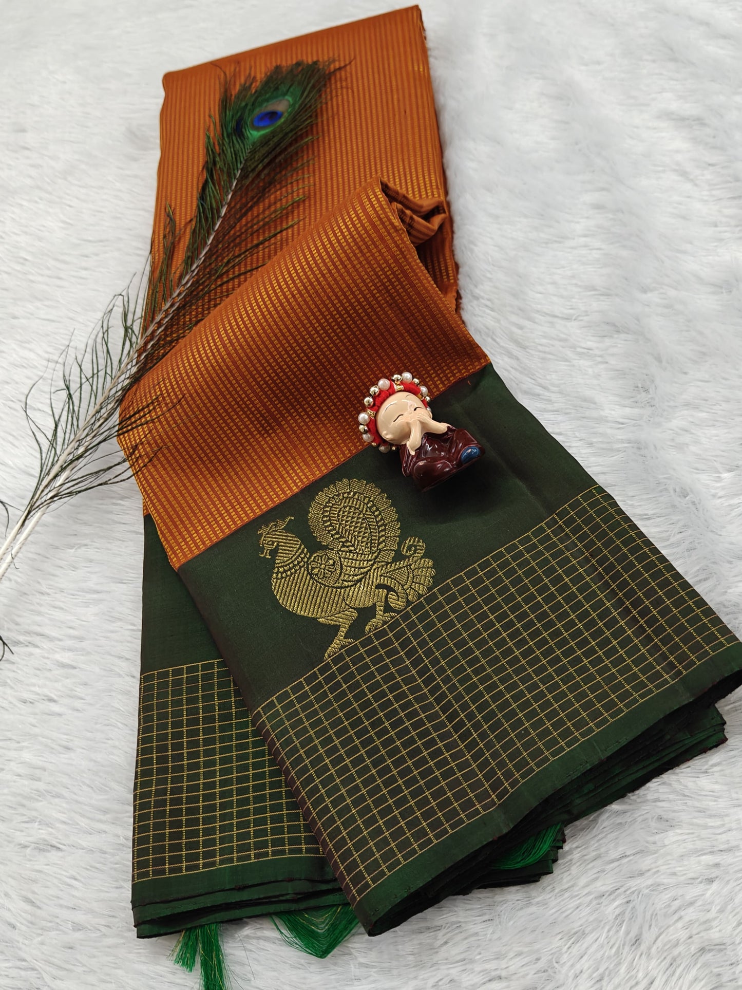 Mustard Pure Silk Saree With Dark Green Border