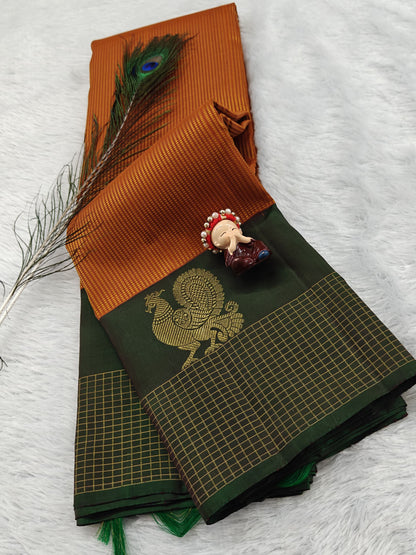 Mustard Pure Silk Saree With Dark Green Border