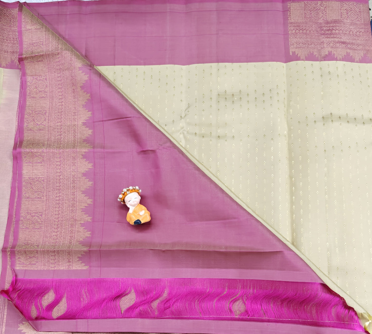 Off-White Pure Silk Saree with Pink Border