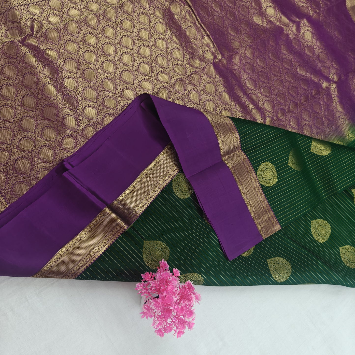 Kanchipuram Pure Silk Saree - Green Color with Purple Plain Border
