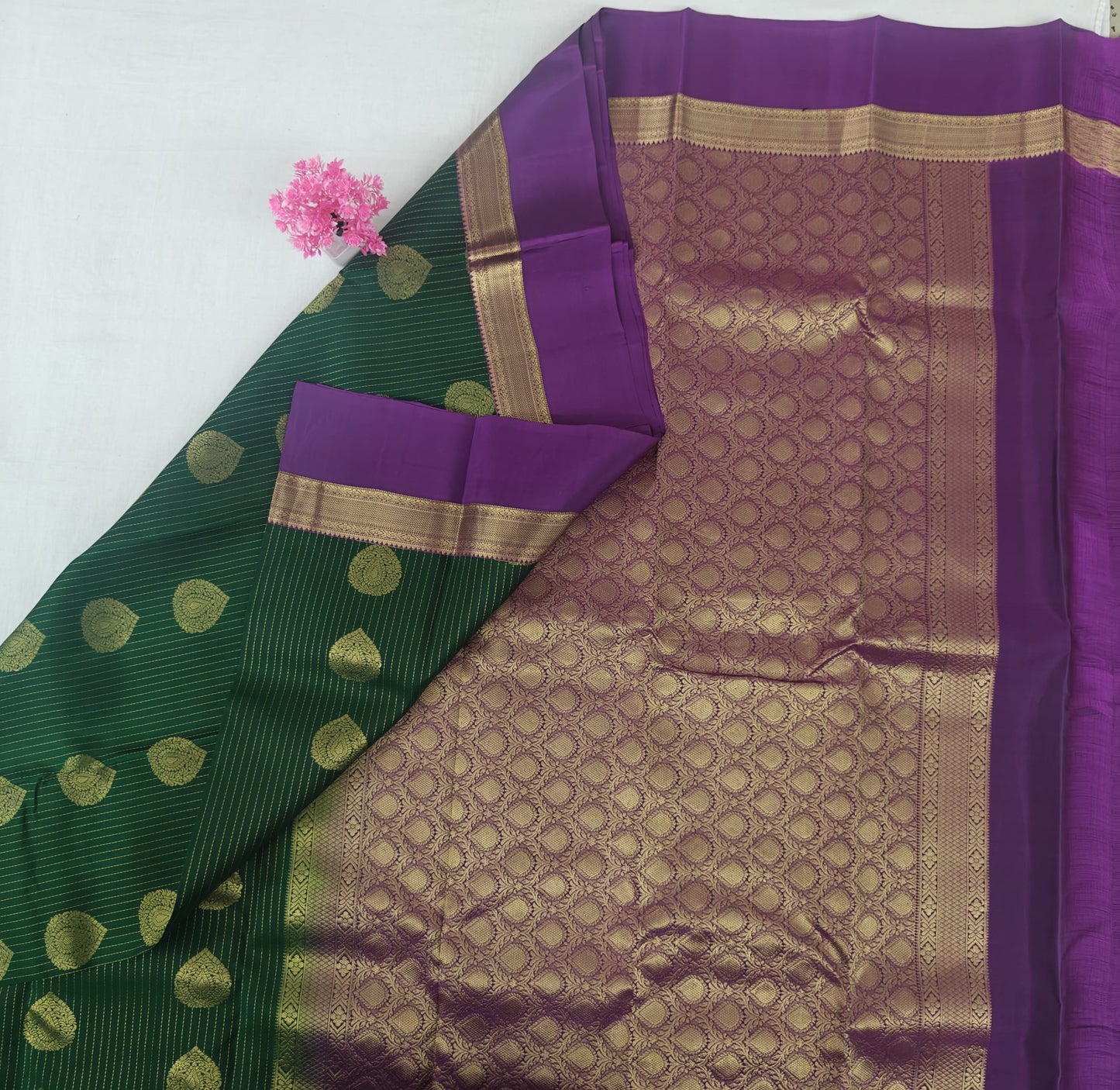 Kanchipuram Pure Silk Saree - Green Color with Purple Plain Border
