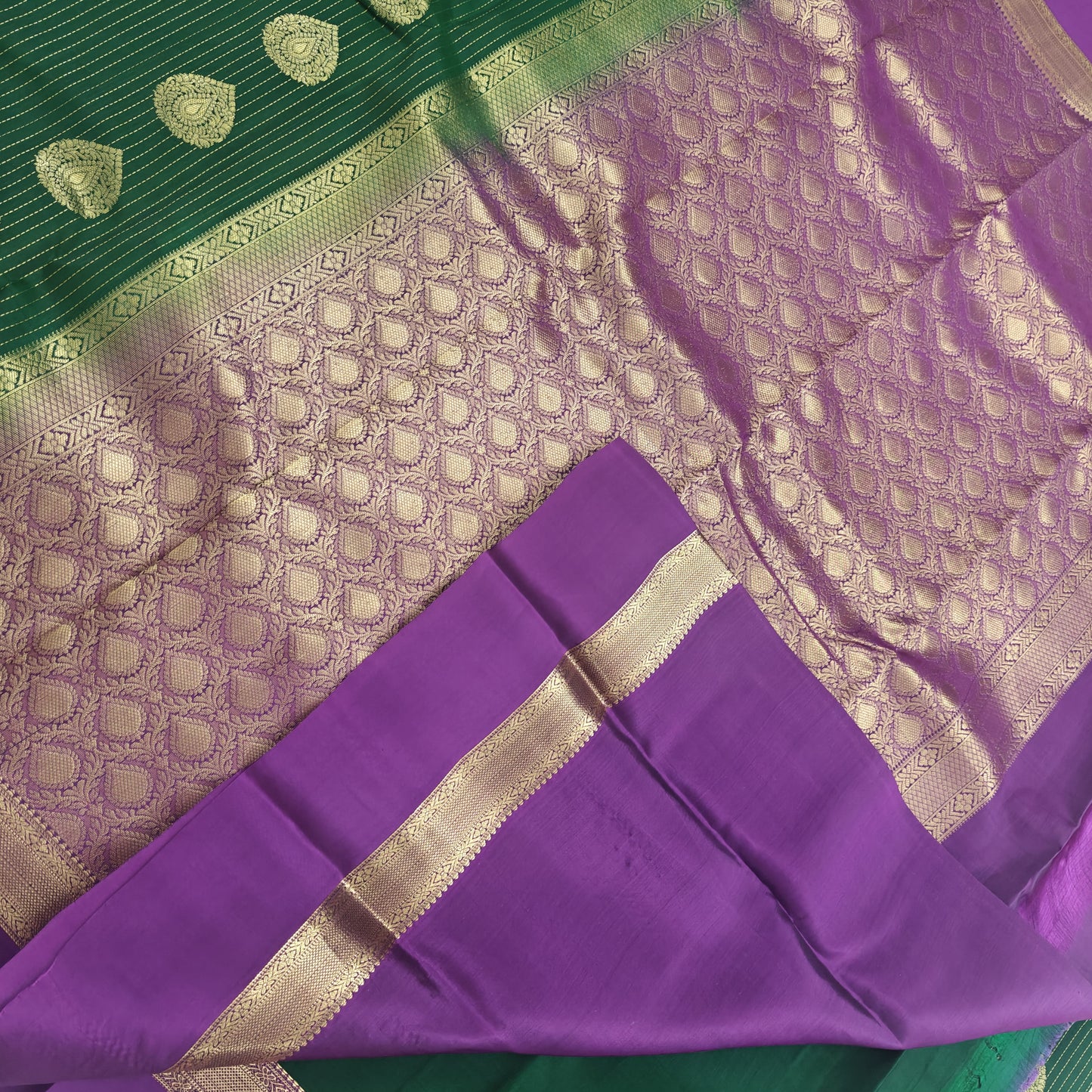 Kanchipuram Pure Silk Saree - Green Color with Purple Plain Border
