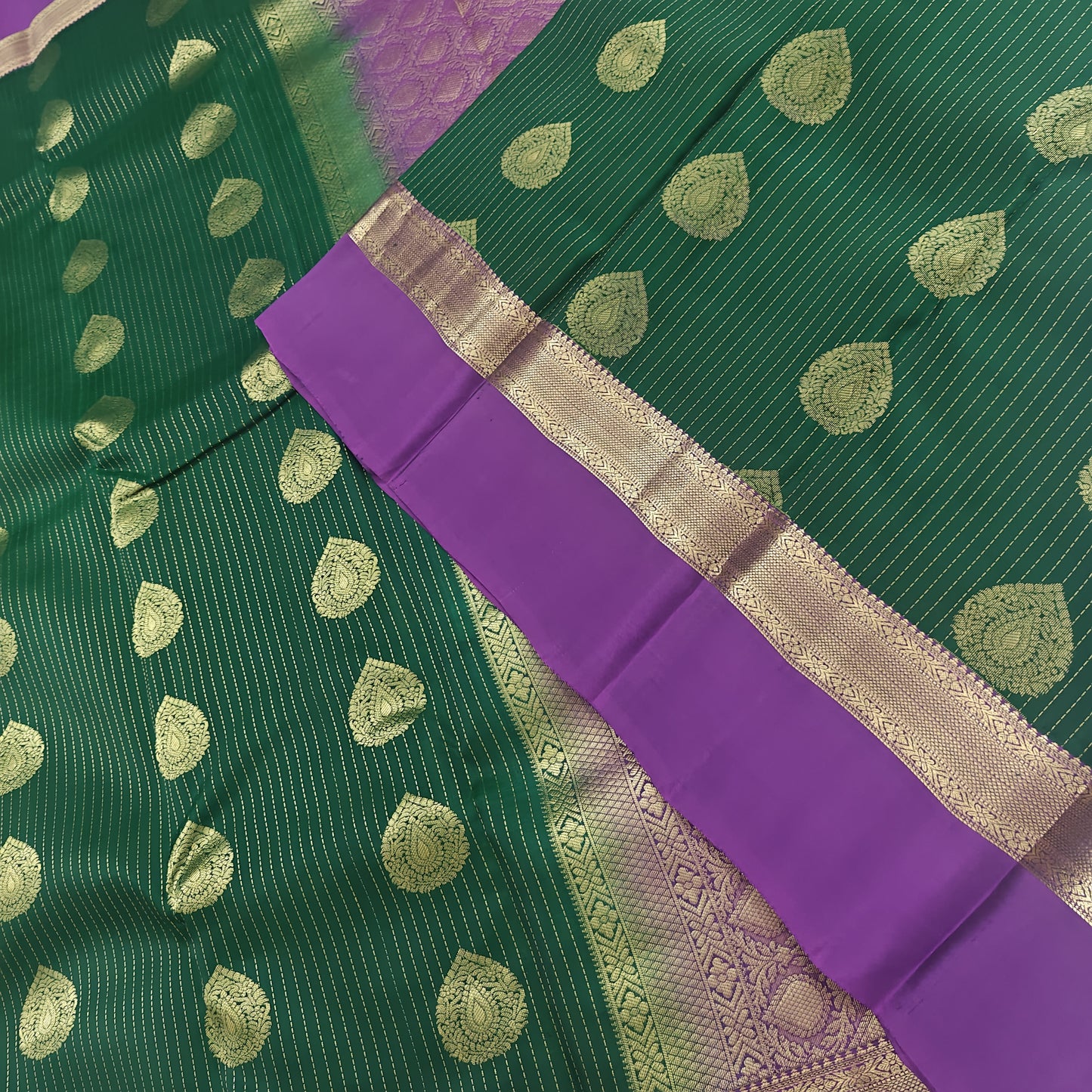 Kanchipuram Pure Silk Saree - Green Color with Purple Plain Border