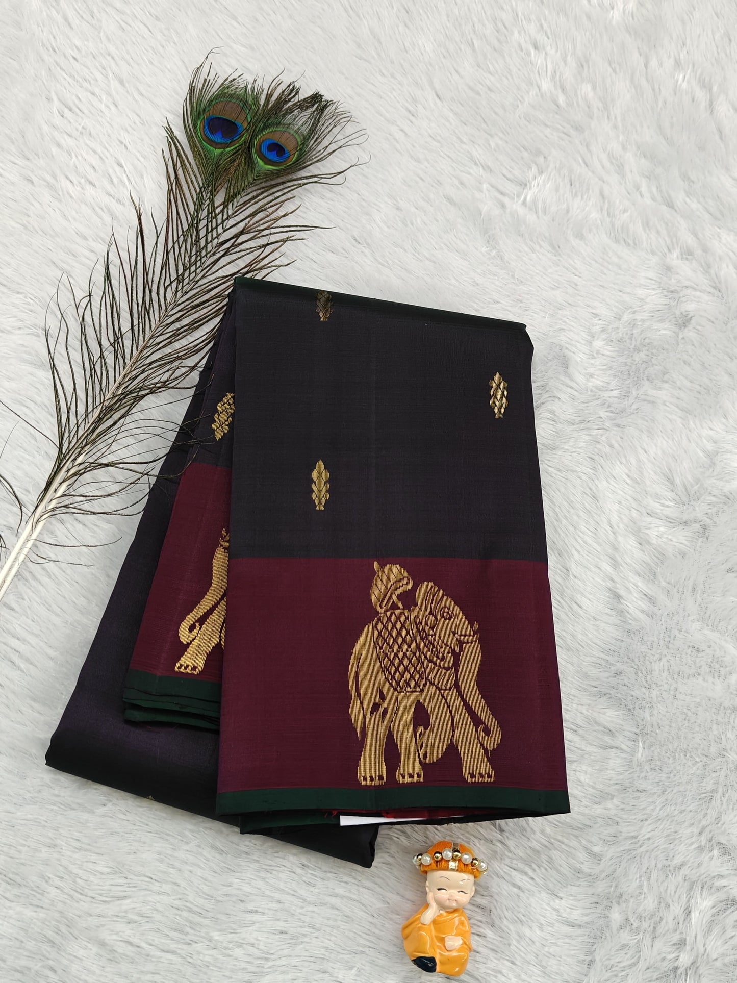 Dark Green Color Pure Silk Saree with wine Border