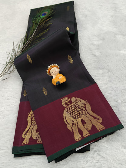 Dark Green Color Pure Silk Saree with wine Border