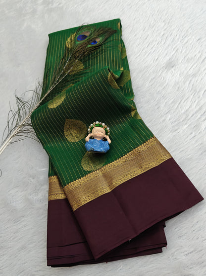 Green Pure Silk Saree With Maroon Border